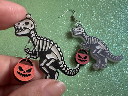 T-Rex Skeleton Earrings: Laser Cut Acrylic Dinosaurs with Jack-o-Lanterns, Halloween, Trick or Treat, Pumpkin, Best Gifts for Her/Him/Them