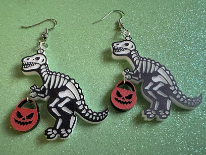T-Rex Skeleton Earrings: Laser Cut Acrylic Dinosaurs with Jack-o-Lanterns, Halloween, Trick or Treat, Pumpkin, Best Gifts for Her/Him/Them