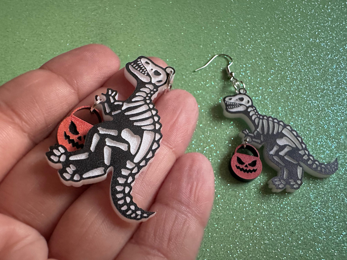 T-Rex Skeleton Earrings: Laser Cut Acrylic Dinosaurs with Jack-o-Lanterns, Halloween, Trick or Treat, Pumpkin, Best Gifts for Her/Him/Them