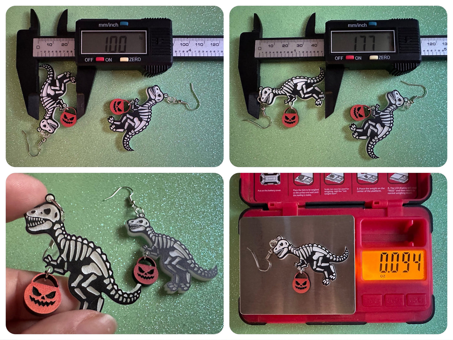 T-Rex Skeleton Earrings: Laser Cut Acrylic Dinosaurs with Jack-o-Lanterns, Halloween, Trick or Treat, Pumpkin, Best Gifts for Her/Him/Them