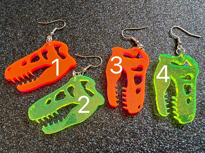 T-Rex Skull Earrings: Laser Cut Acrylic Dinosaur Skeleton Earrings, Tyrannosaurus Rex, Bones, Jurassic Park, Best Gifts for Her/Him/Them