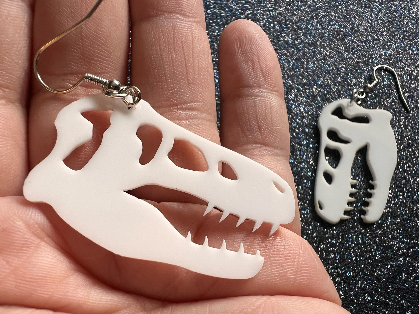 T-Rex Skull Earrings: Laser Cut Acrylic Dinosaur Skeleton Earrings, Tyrannosaurus Rex, Bones, Jurassic Park, Best Gifts for Her/Him/Them