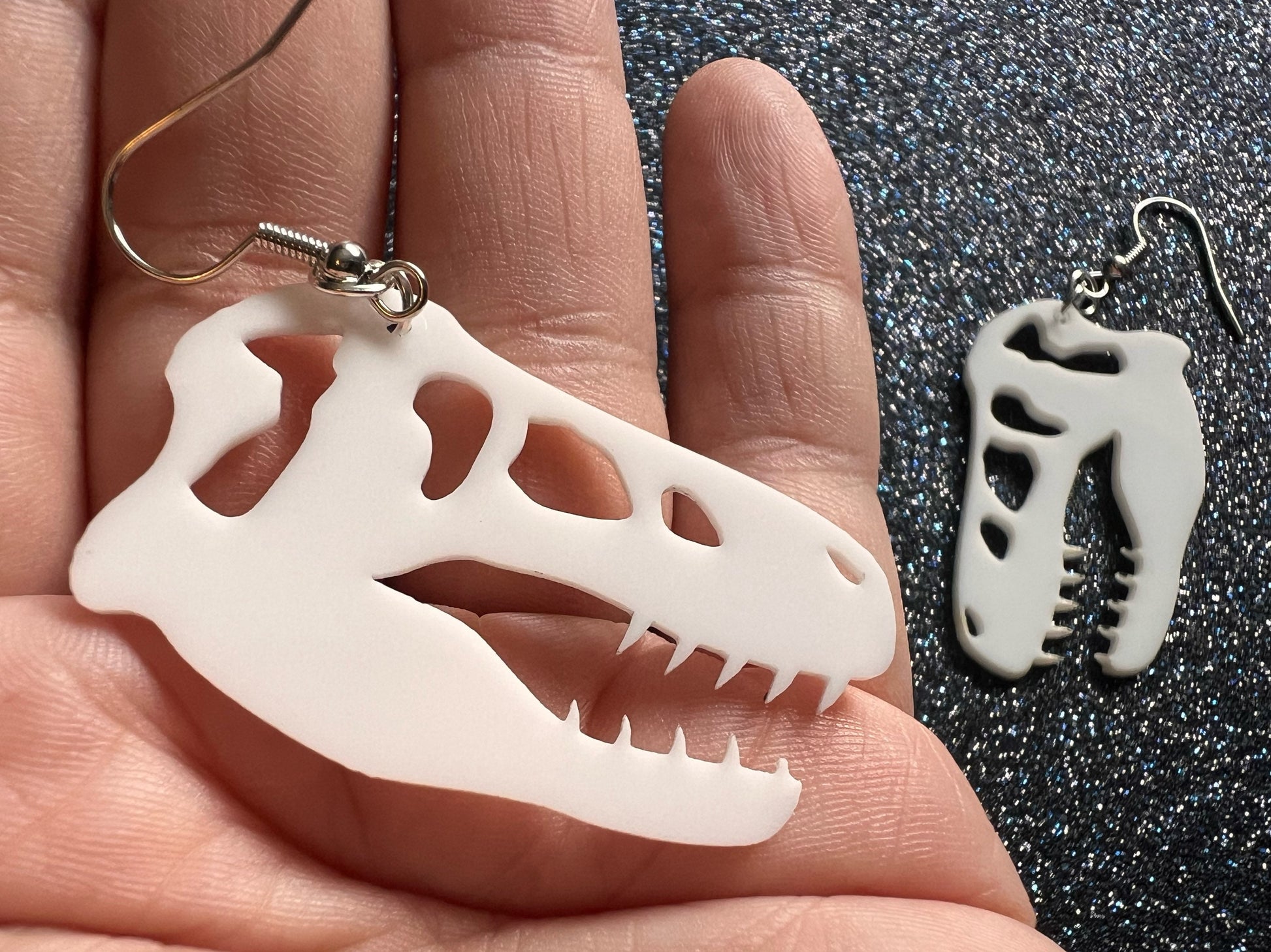 T-Rex Skull Earrings: Laser Cut Acrylic Dinosaur Skeleton Earrings, Tyrannosaurus Rex, Bones, Jurassic Park, Best Gifts for Her/Him/Them