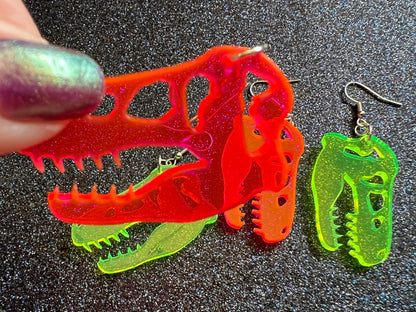 T-Rex Skull Earrings: Laser Cut Acrylic Dinosaur Skeleton Earrings, Tyrannosaurus Rex, Bones, Jurassic Park, Best Gifts for Her/Him/Them