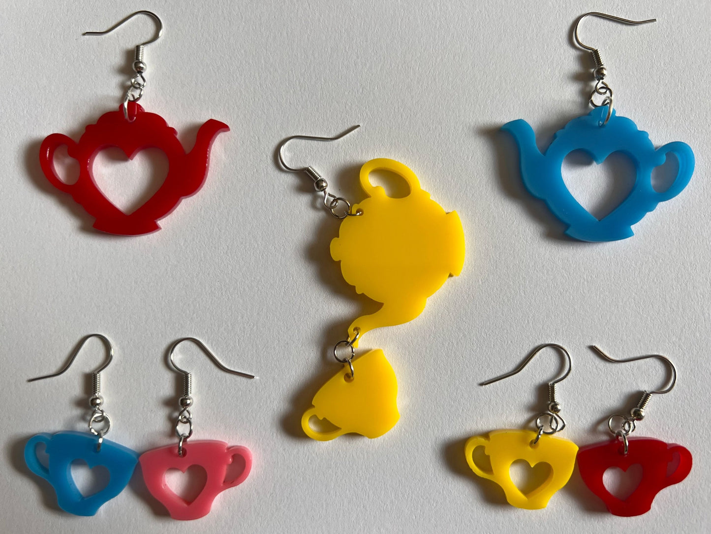 Tea Party Earrings: Laser Cut Acrylic Tea Pots and Teacups, Tea Time, Heart, Drink, Cafe, Food Earrings, Gifts for Her/Him/Them