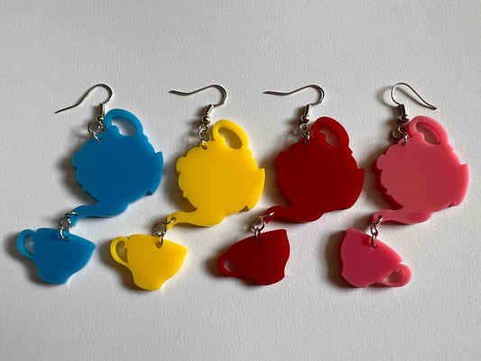 Tea Party Earrings: Laser Cut Acrylic Tea Pots and Teacups, Tea Time, Heart, Drink, Cafe, Food Earrings, Gifts for Her/Him/Them