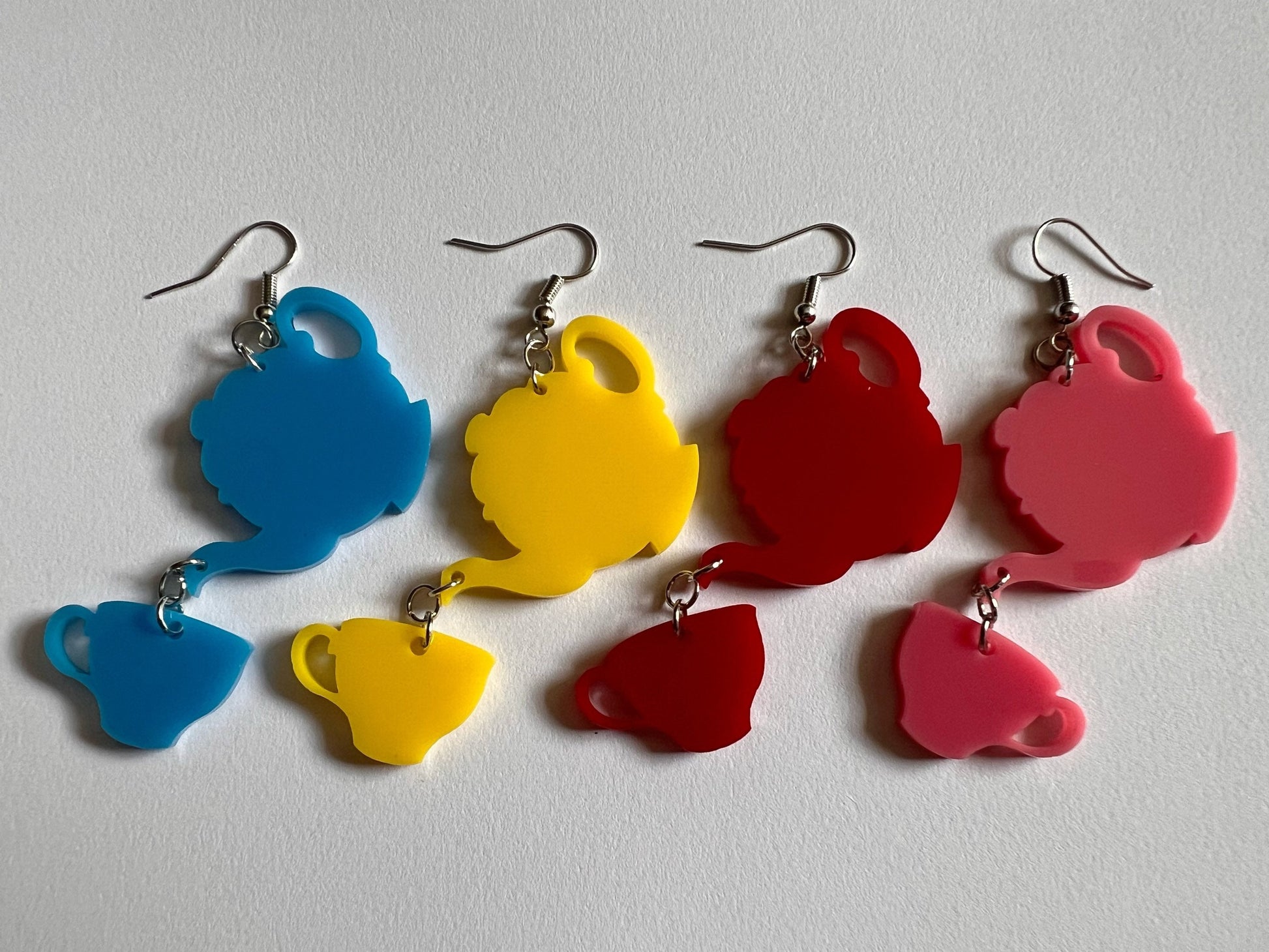 Tea Party Earrings: Laser Cut Acrylic Tea Pots and Teacups, Tea Time, Heart, Drink, Cafe, Food Earrings, Gifts for Her/Him/Them