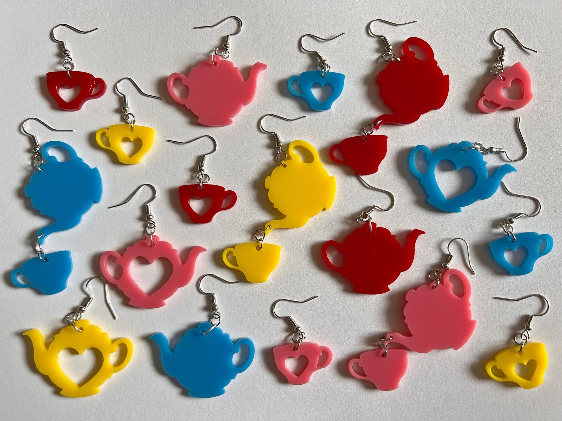 Tea Party Earrings: Laser Cut Acrylic Tea Pots and Teacups, Tea Time, Heart, Drink, Cafe, Food Earrings, Gifts for Her/Him/Them
