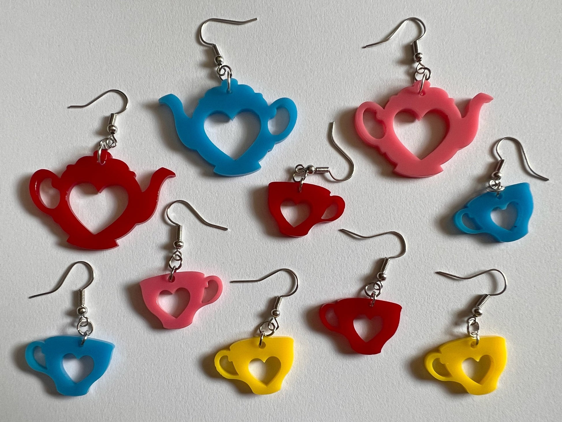 Tea Party Earrings: Laser Cut Acrylic Tea Pots and Teacups, Tea Time, Heart, Drink, Cafe, Food Earrings, Gifts for Her/Him/Them