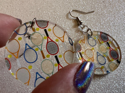 Tennis Earrings: Laser Cut Acrylic Tennis Earrings, Sports, Game, Play, Hobby, Tennis Racket, Tennis Ball, Best Gifts for Her/Him/Them