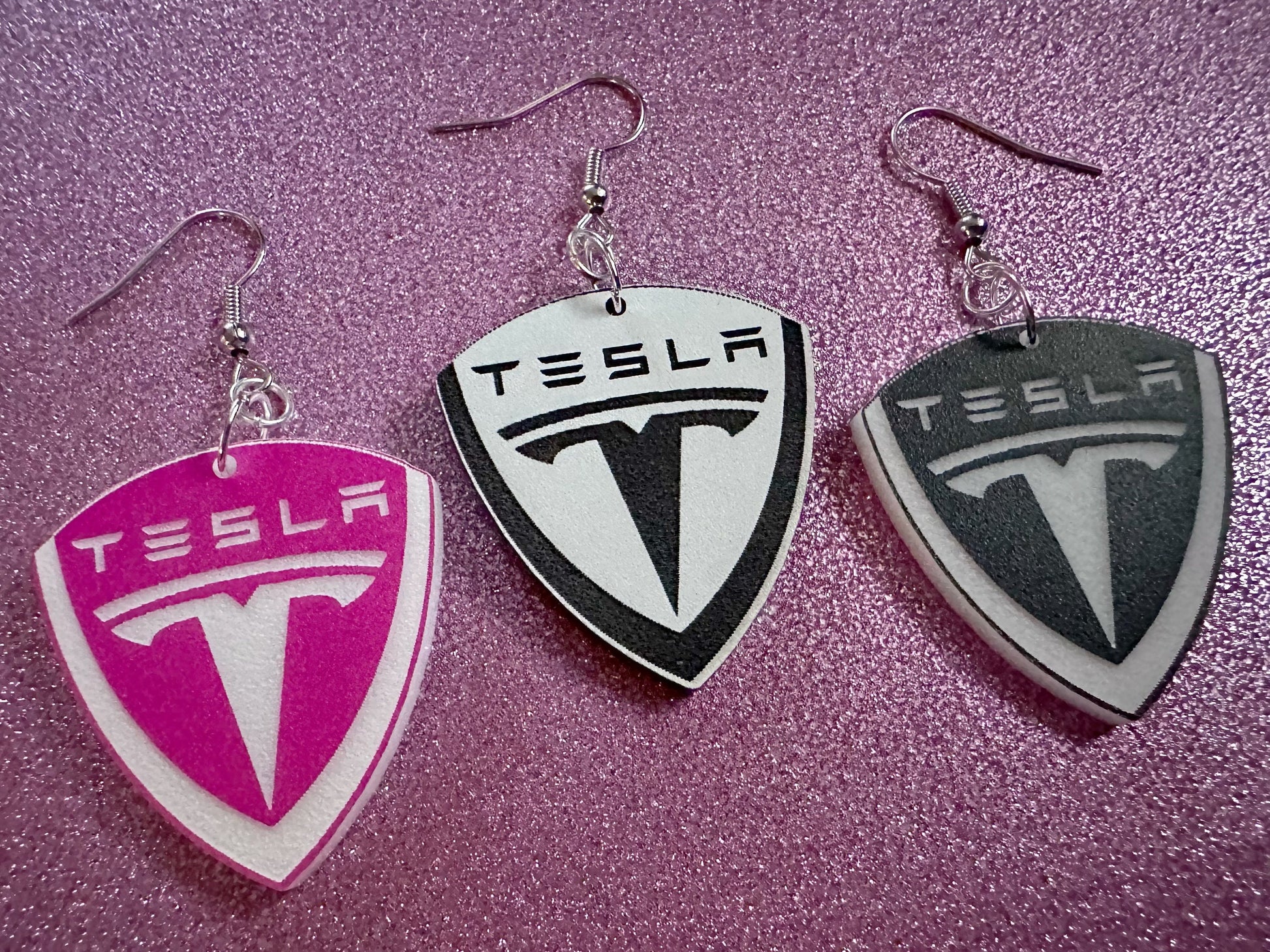 Tesla Earrings: Laser Cut Acrylic Tesla Logos, EV Earrings, Novelty, Cars, Cosplay, Elon Musk, Electric Car, Best Gifts for Her/Him/Them