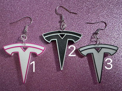 Tesla Earrings: Laser Cut Acrylic Tesla Logos, EV Earrings, Novelty, Cars, Cosplay, Elon Musk, Electric Car, Best Gifts for Her/Him/Them