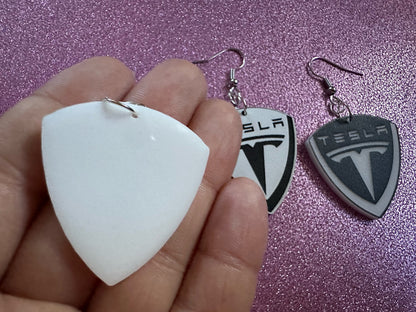 Tesla Earrings: Laser Cut Acrylic Tesla Logos, EV Earrings, Novelty, Cars, Cosplay, Elon Musk, Electric Car, Best Gifts for Her/Him/Them