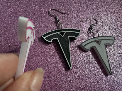 Tesla Earrings: Laser Cut Acrylic Tesla Logos, EV Earrings, Novelty, Cars, Cosplay, Elon Musk, Electric Car, Best Gifts for Her/Him/Them