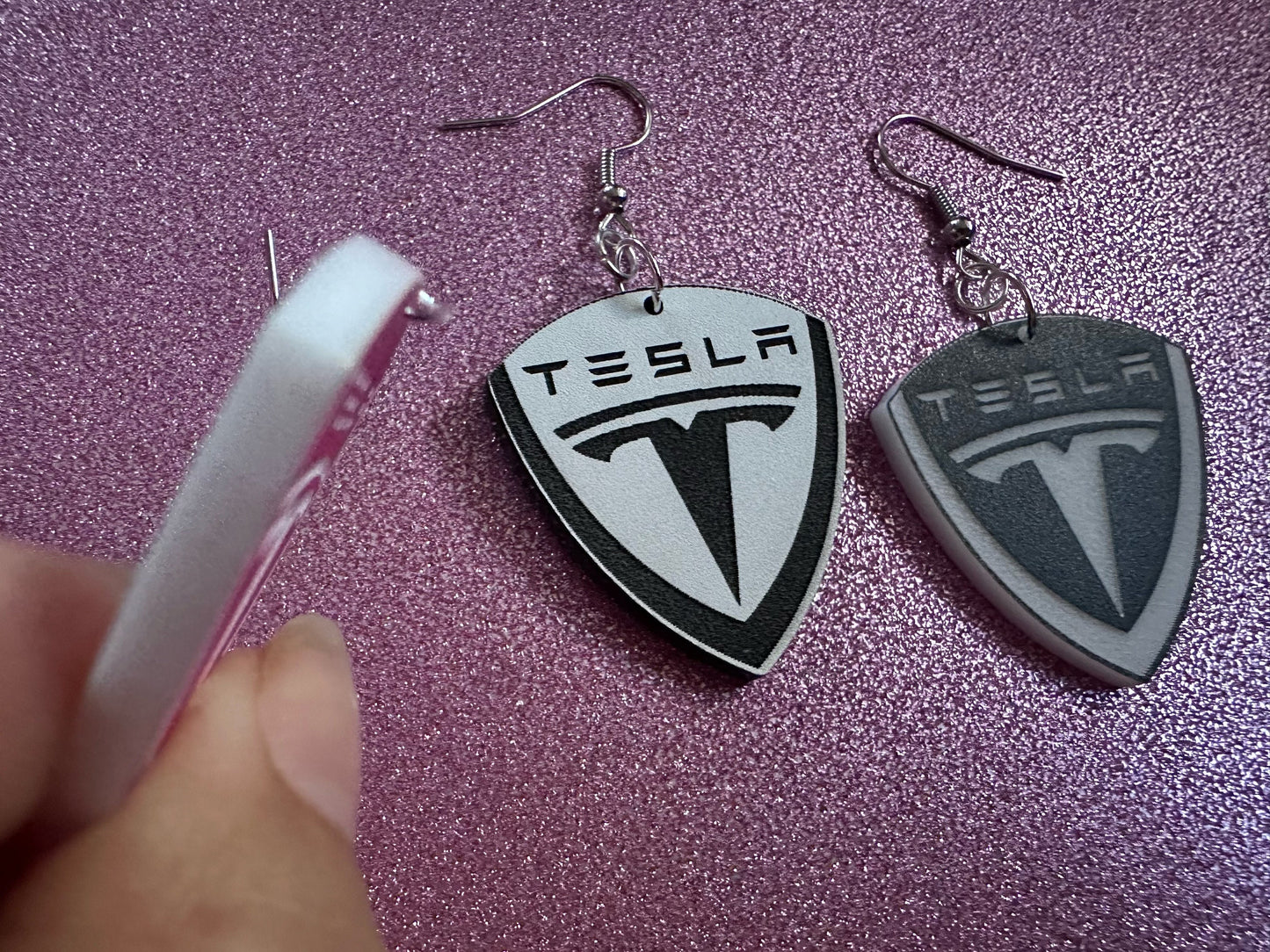 Tesla Earrings: Laser Cut Acrylic Tesla Logos, EV Earrings, Novelty, Cars, Cosplay, Elon Musk, Electric Car, Best Gifts for Her/Him/Them