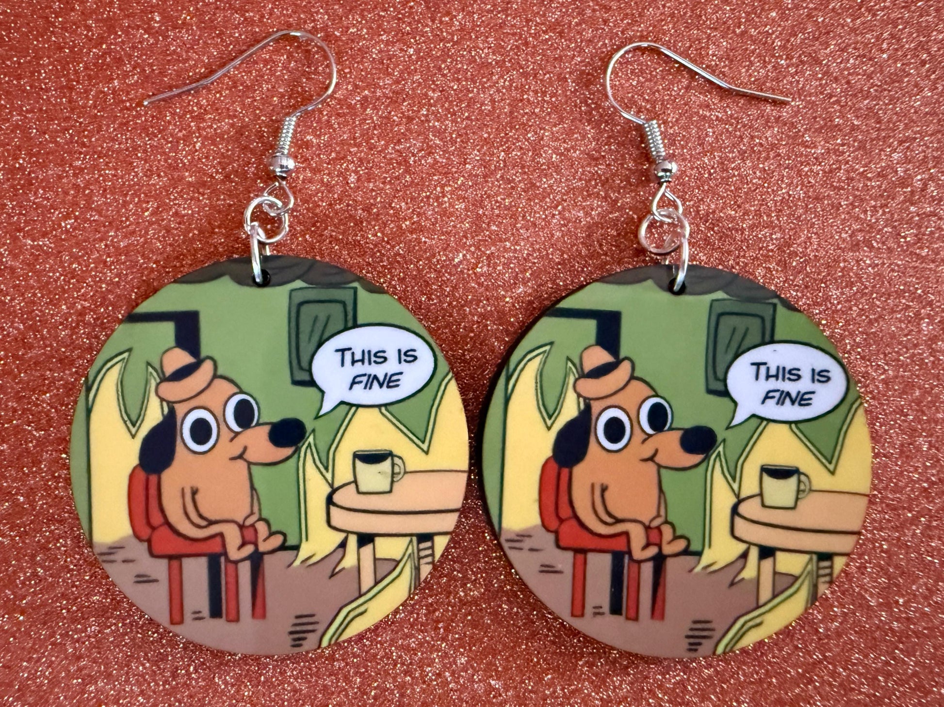 This is Fine Earrings: Laser Cut Acrylic Meme Earrings, Dog & Fire Memes, Novelty, Pop Culture, Green Earrings, Best Gifts for Her/Him/Them