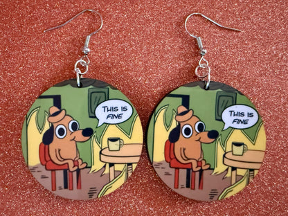 This is Fine Earrings: Laser Cut Acrylic Meme Earrings, Dog & Fire Memes, Novelty, Pop Culture, Green Earrings, Best Gifts for Her/Him/Them