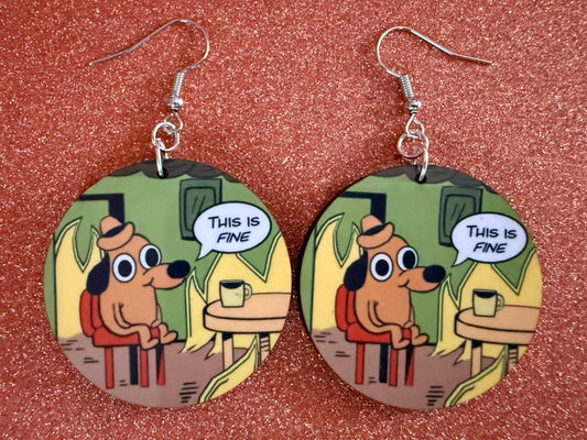 This is Fine Earrings: Laser Cut Acrylic Meme Earrings, Dog & Fire Memes, Novelty, Pop Culture, Green Earrings, Best Gifts for Her/Him/Them