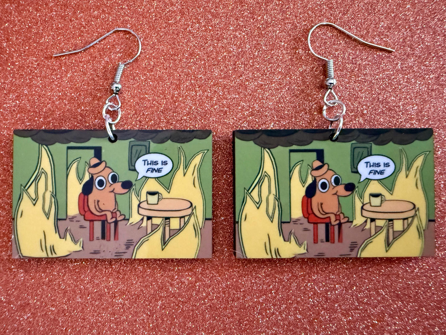 This is Fine Earrings: Laser Cut Acrylic Meme Earrings, Dog & Fire Memes, Novelty, Pop Culture, Green Earrings, Best Gifts for Her/Him/Them