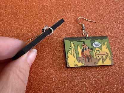 This is Fine Earrings: Laser Cut Acrylic Meme Earrings, Dog & Fire Memes, Novelty, Pop Culture, Green Earrings, Best Gifts for Her/Him/Them