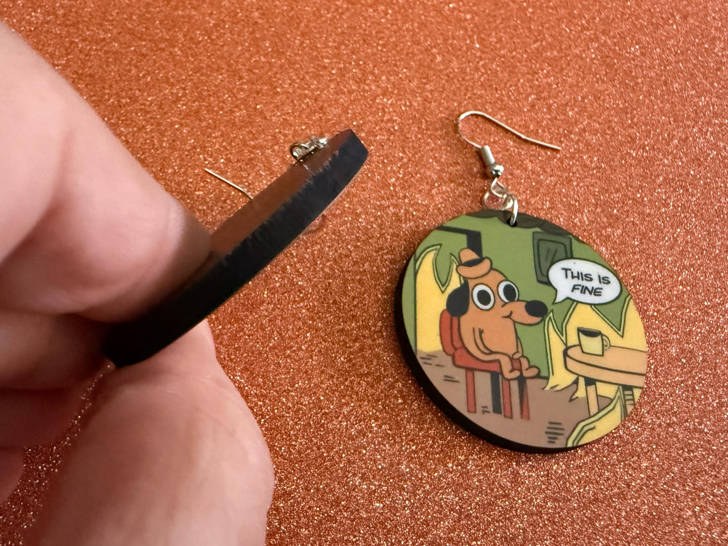 This is Fine Earrings: Laser Cut Acrylic Meme Earrings, Dog & Fire Memes, Novelty, Pop Culture, Green Earrings, Best Gifts for Her/Him/Them