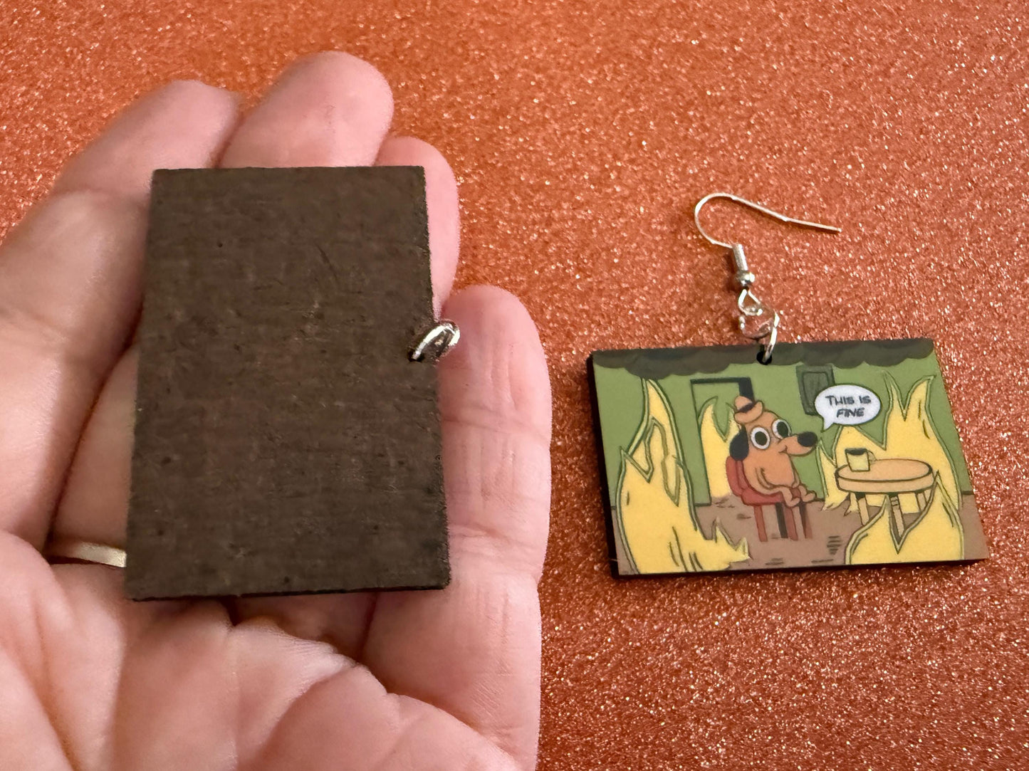 This is Fine Earrings: Laser Cut Acrylic Meme Earrings, Dog & Fire Memes, Novelty, Pop Culture, Green Earrings, Best Gifts for Her/Him/Them