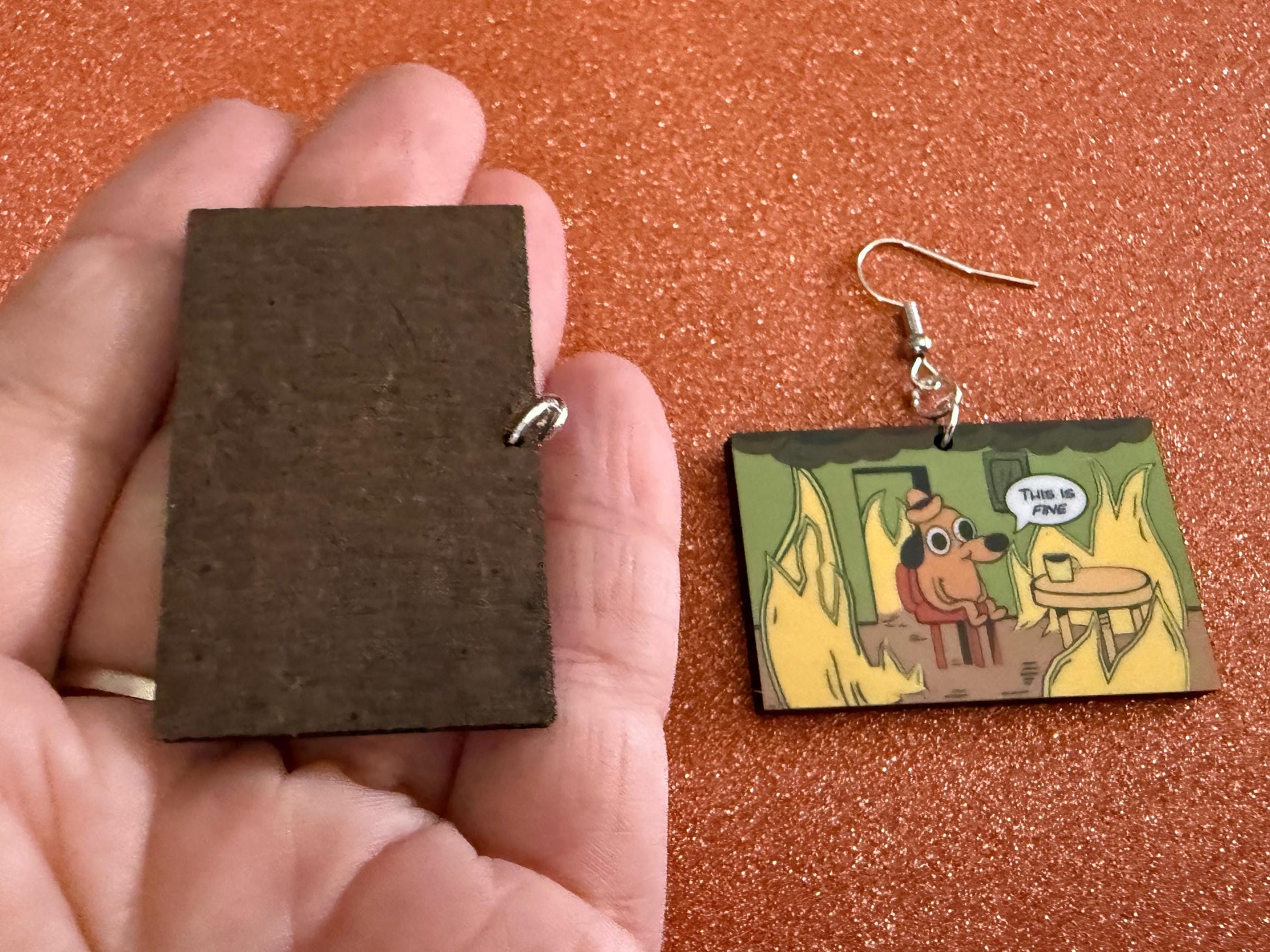 This is Fine Earrings: Laser Cut Acrylic Meme Earrings, Dog & Fire Memes, Novelty, Pop Culture, Green Earrings, Best Gifts for Her/Him/Them