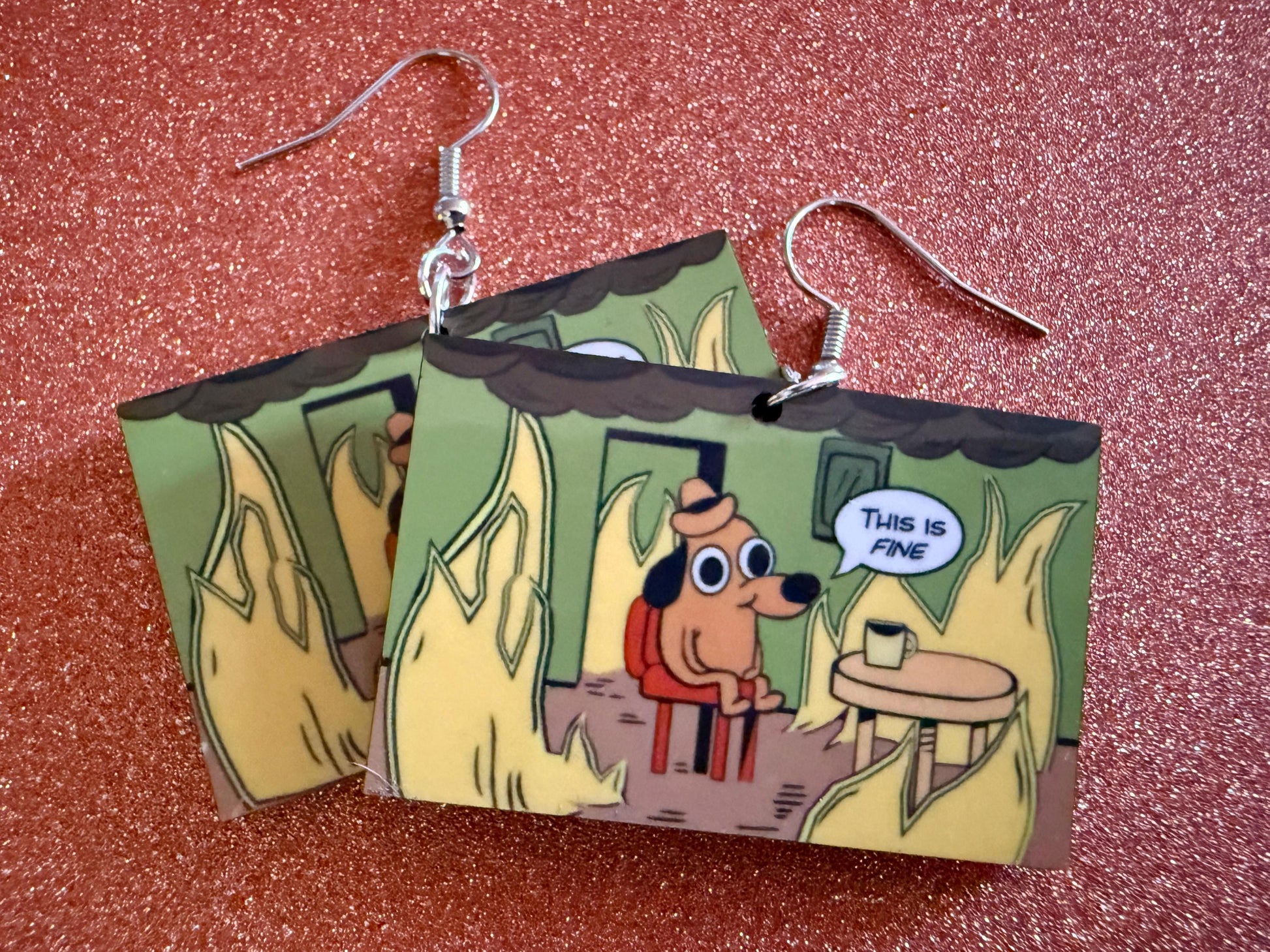 This is Fine Earrings: Laser Cut Acrylic Meme Earrings, Dog & Fire Memes, Novelty, Pop Culture, Green Earrings, Best Gifts for Her/Him/Them