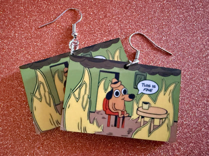 This is Fine Earrings: Laser Cut Acrylic Meme Earrings, Dog & Fire Memes, Novelty, Pop Culture, Green Earrings, Best Gifts for Her/Him/Them
