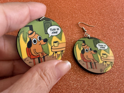 This is Fine Earrings: Laser Cut Acrylic Meme Earrings, Dog & Fire Memes, Novelty, Pop Culture, Green Earrings, Best Gifts for Her/Him/Them