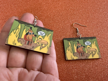 This is Fine Earrings: Laser Cut Acrylic Meme Earrings, Dog & Fire Memes, Novelty, Pop Culture, Green Earrings, Best Gifts for Her/Him/Them