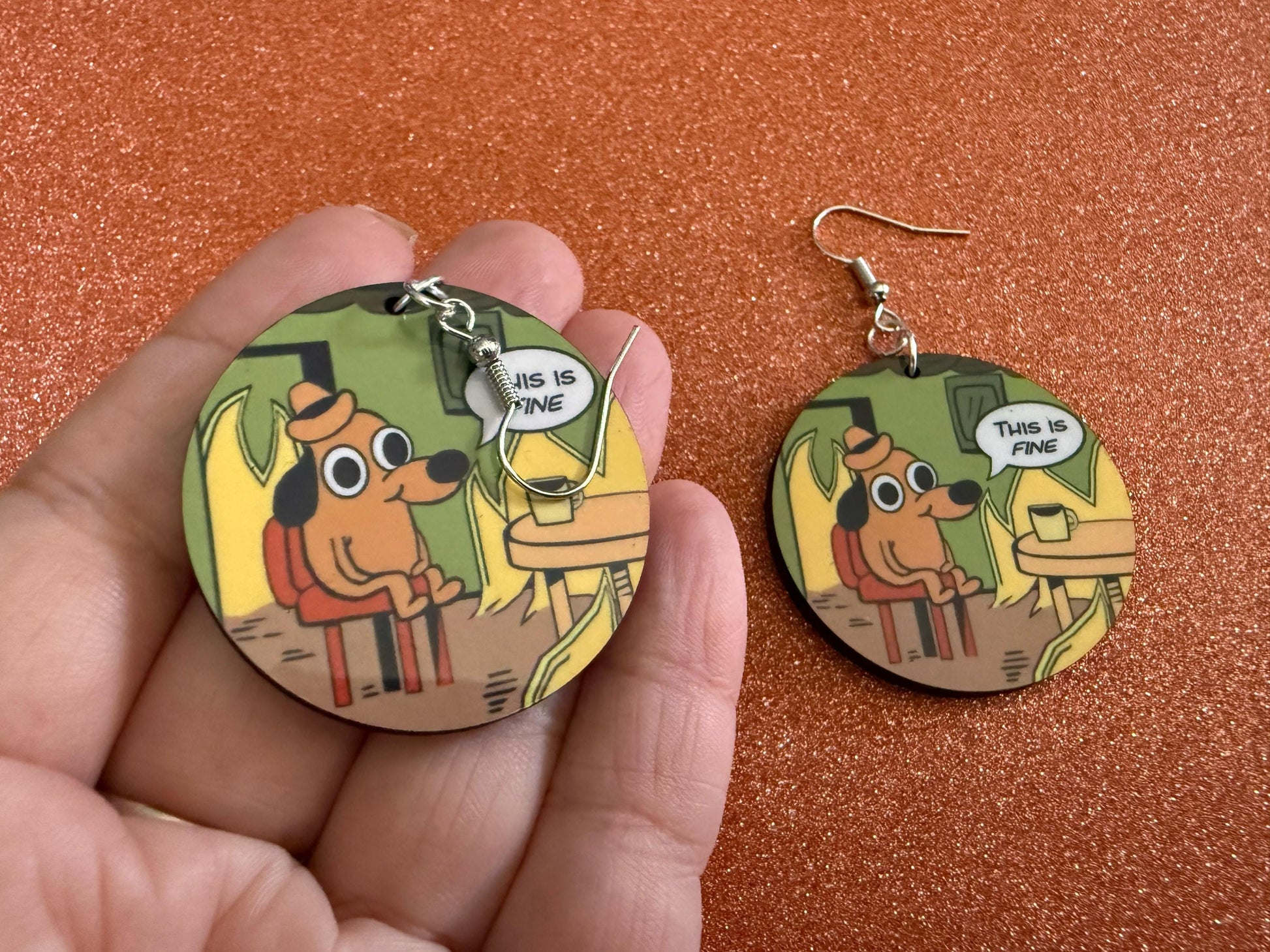 This is Fine Earrings: Laser Cut Acrylic Meme Earrings, Dog & Fire Memes, Novelty, Pop Culture, Green Earrings, Best Gifts for Her/Him/Them