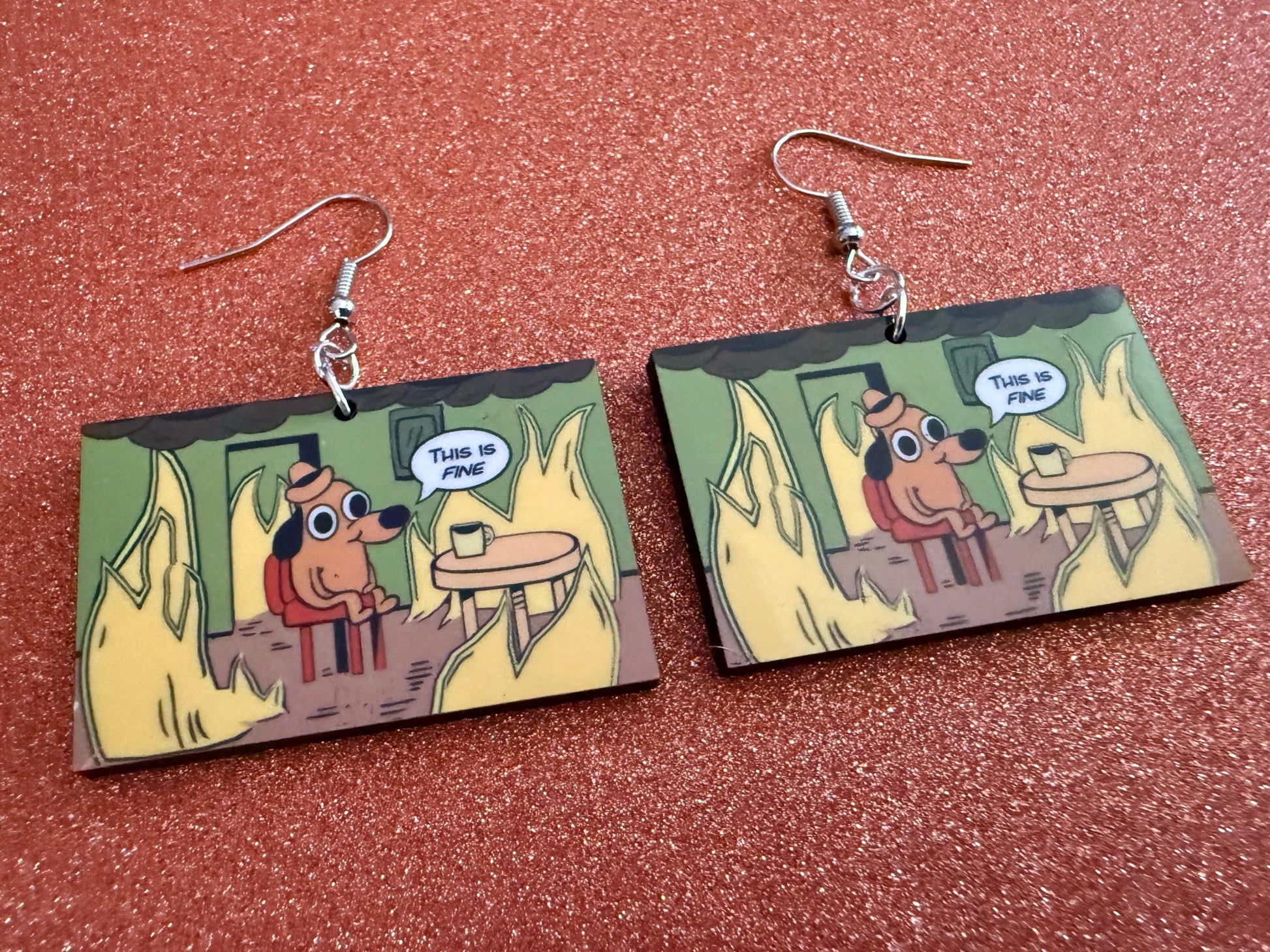 This is Fine Earrings: Laser Cut Acrylic Meme Earrings, Dog & Fire Memes, Novelty, Pop Culture, Green Earrings, Best Gifts for Her/Him/Them