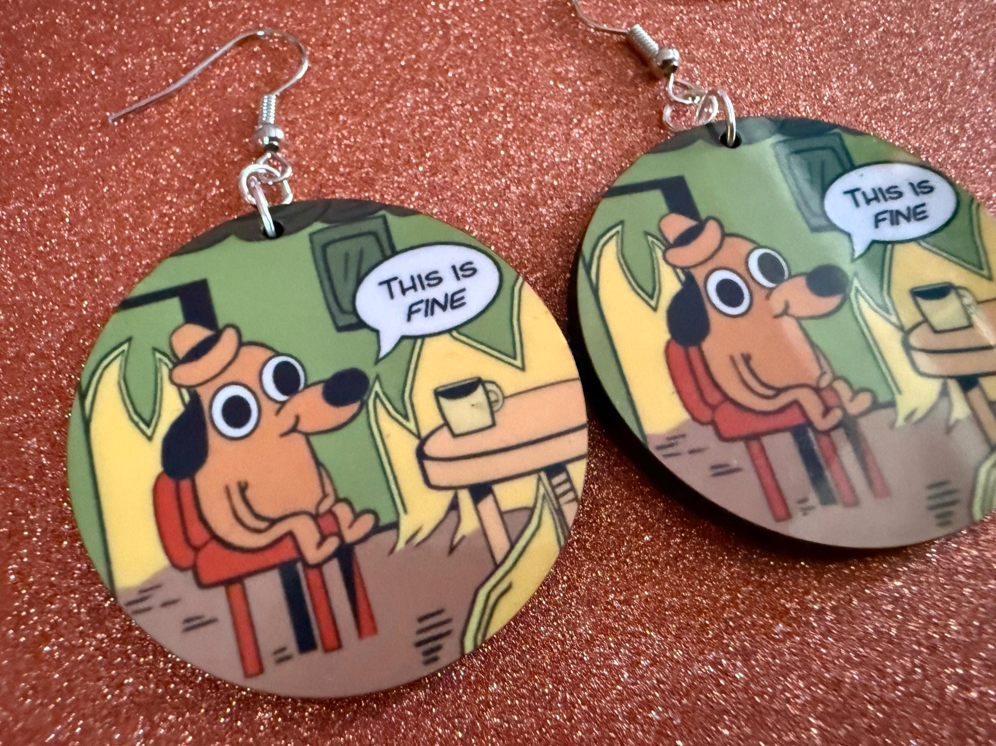 This is Fine Earrings: Laser Cut Acrylic Meme Earrings, Dog & Fire Memes, Novelty, Pop Culture, Green Earrings, Best Gifts for Her/Him/Them