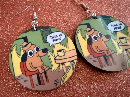 This is Fine Earrings: Laser Cut Acrylic Meme Earrings, Dog & Fire Memes, Novelty, Pop Culture, Green Earrings, Best Gifts for Her/Him/Them