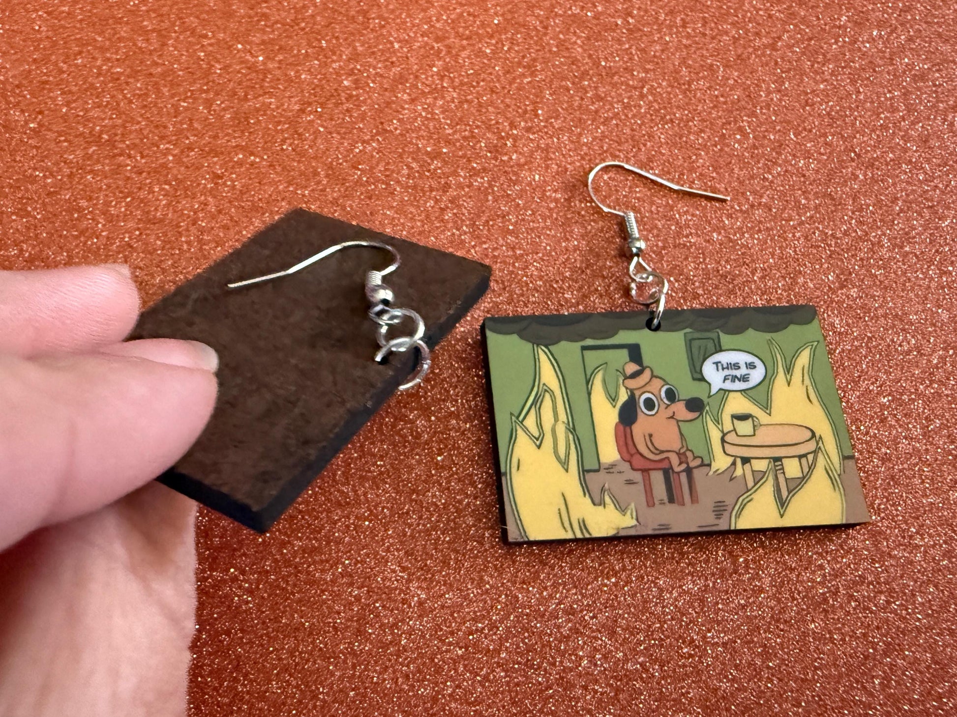 This is Fine Earrings: Laser Cut Acrylic Meme Earrings, Dog & Fire Memes, Novelty, Pop Culture, Green Earrings, Best Gifts for Her/Him/Them