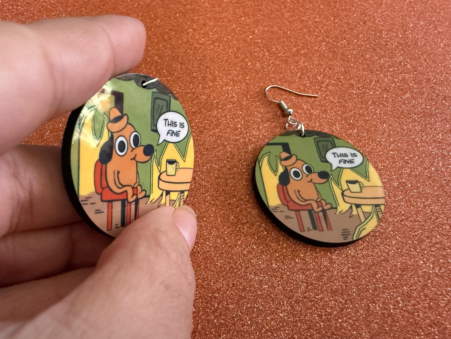 This is Fine Earrings: Laser Cut Acrylic Meme Earrings, Dog & Fire Memes, Novelty, Pop Culture, Green Earrings, Best Gifts for Her/Him/Them