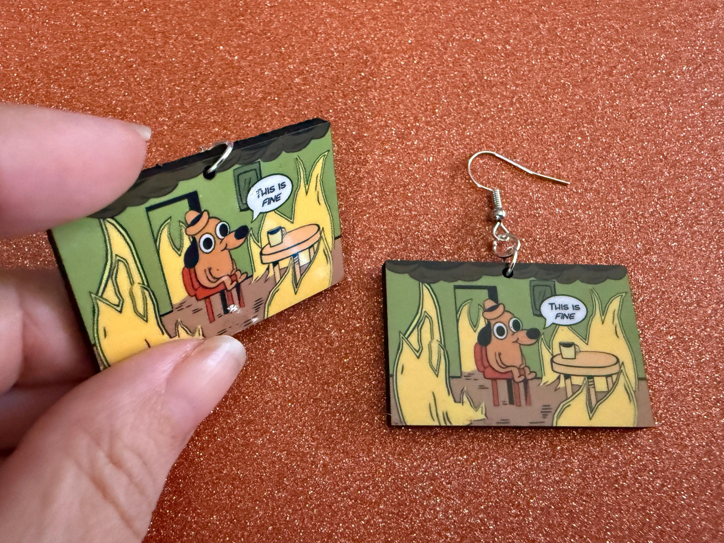 This is Fine Earrings: Laser Cut Acrylic Meme Earrings, Dog & Fire Memes, Novelty, Pop Culture, Green Earrings, Best Gifts for Her/Him/Them