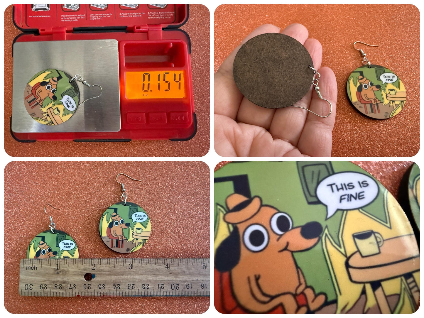 This is Fine Earrings: Laser Cut Acrylic Meme Earrings, Dog & Fire Memes, Novelty, Pop Culture, Green Earrings, Best Gifts for Her/Him/Them