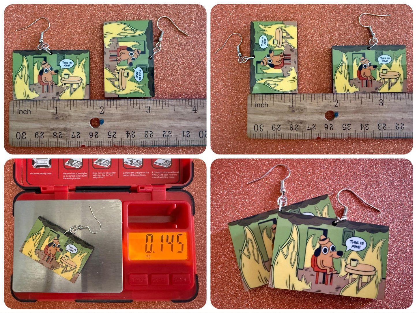 This is Fine Earrings: Laser Cut Acrylic Meme Earrings, Dog & Fire Memes, Novelty, Pop Culture, Green Earrings, Best Gifts for Her/Him/Them