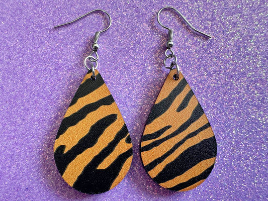 Tiger Print Earrings: Laser Cut Acrylic Tiger Print, Safari, Cats, Animals, Tiger King, Zoo, Fashion, Tiger Stripes, Gifts for Her/Him/Them