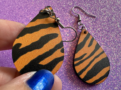 Tiger Print Earrings: Laser Cut Acrylic Tiger Print, Safari, Cats, Animals, Tiger King, Zoo, Fashion, Tiger Stripes, Gifts for Her/Him/Them