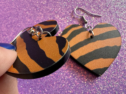 Tiger Print Earrings: Laser Cut Acrylic Tiger Print, Safari, Cats, Animals, Tiger King, Zoo, Fashion, Tiger Stripes, Gifts for Her/Him/Them