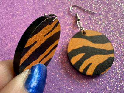 Tiger Print Earrings: Laser Cut Acrylic Tiger Print, Safari, Cats, Animals, Tiger King, Zoo, Fashion, Tiger Stripes, Gifts for Her/Him/Them