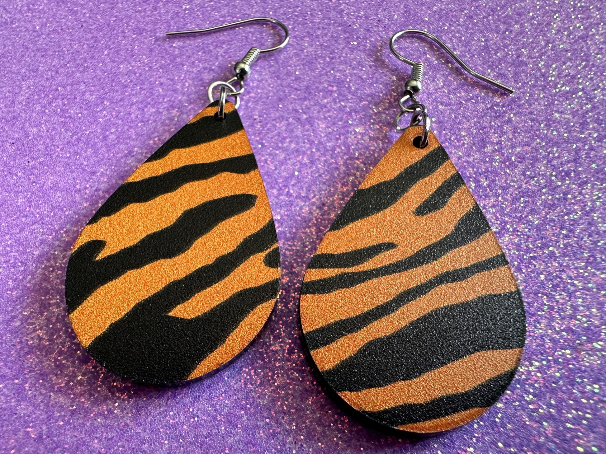 Tiger Print Earrings: Laser Cut Acrylic Tiger Print, Safari, Cats, Animals, Tiger King, Zoo, Fashion, Tiger Stripes, Gifts for Her/Him/Them