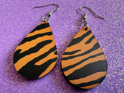 Tiger Print Earrings: Laser Cut Acrylic Tiger Print, Safari, Cats, Animals, Tiger King, Zoo, Fashion, Tiger Stripes, Gifts for Her/Him/Them