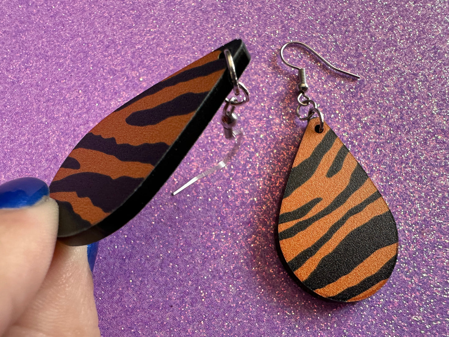 Tiger Print Earrings: Laser Cut Acrylic Tiger Print, Safari, Cats, Animals, Tiger King, Zoo, Fashion, Tiger Stripes, Gifts for Her/Him/Them