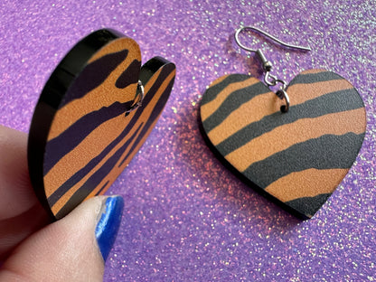 Tiger Print Earrings: Laser Cut Acrylic Tiger Print, Safari, Cats, Animals, Tiger King, Zoo, Fashion, Tiger Stripes, Gifts for Her/Him/Them