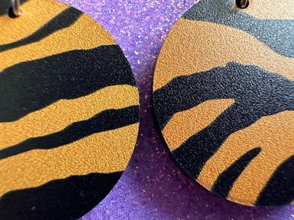Tiger Print Earrings: Laser Cut Acrylic Tiger Print, Safari, Cats, Animals, Tiger King, Zoo, Fashion, Tiger Stripes, Gifts for Her/Him/Them
