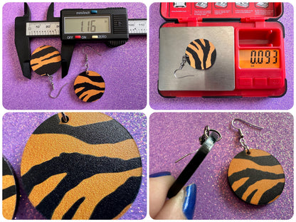 Tiger Print Earrings: Laser Cut Acrylic Tiger Print, Safari, Cats, Animals, Tiger King, Zoo, Fashion, Tiger Stripes, Gifts for Her/Him/Them